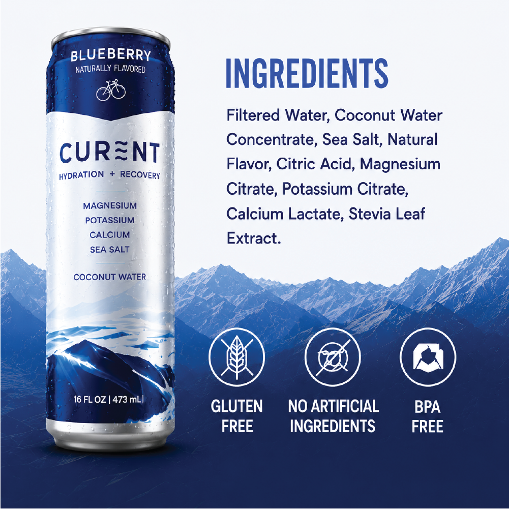 CURENT Blueberry Electrolyte Drink – Hydration + Recovery Sports Drink with Magnesium, Potassium, Calcium, Sea Salt & Coconut Water – Naturally Flavored – 16 oz