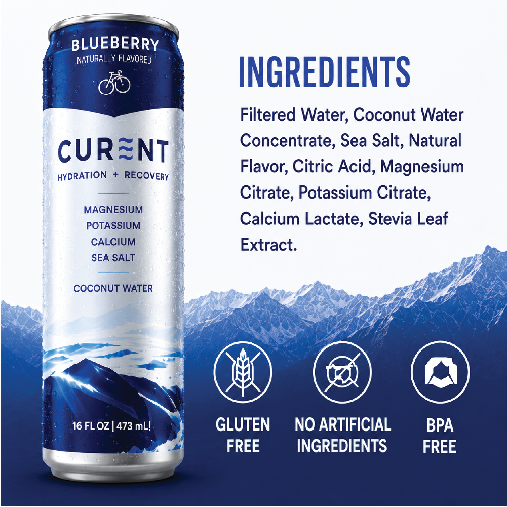 CURENT Blueberry Electrolyte Drink – Hydration + Recovery Sports Drink with Magnesium, Potassium, Calcium, Sea Salt & Coconut Water – Naturally Flavored – 16 oz