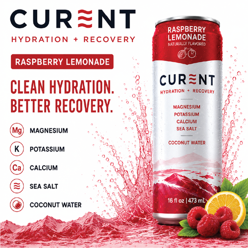 CURENT Raspberry Lemonade Electrolyte Drink – Hydration + Recovery Sports Drink with Magnesium, Potassium, Calcium, Sea Salt & Coconut Water – Naturally Flavored – 16 oz