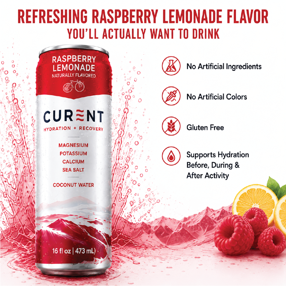 CURENT Raspberry Lemonade Electrolyte Drink – Hydration + Recovery Sports Drink with Magnesium, Potassium, Calcium, Sea Salt & Coconut Water – Naturally Flavored – 16 oz