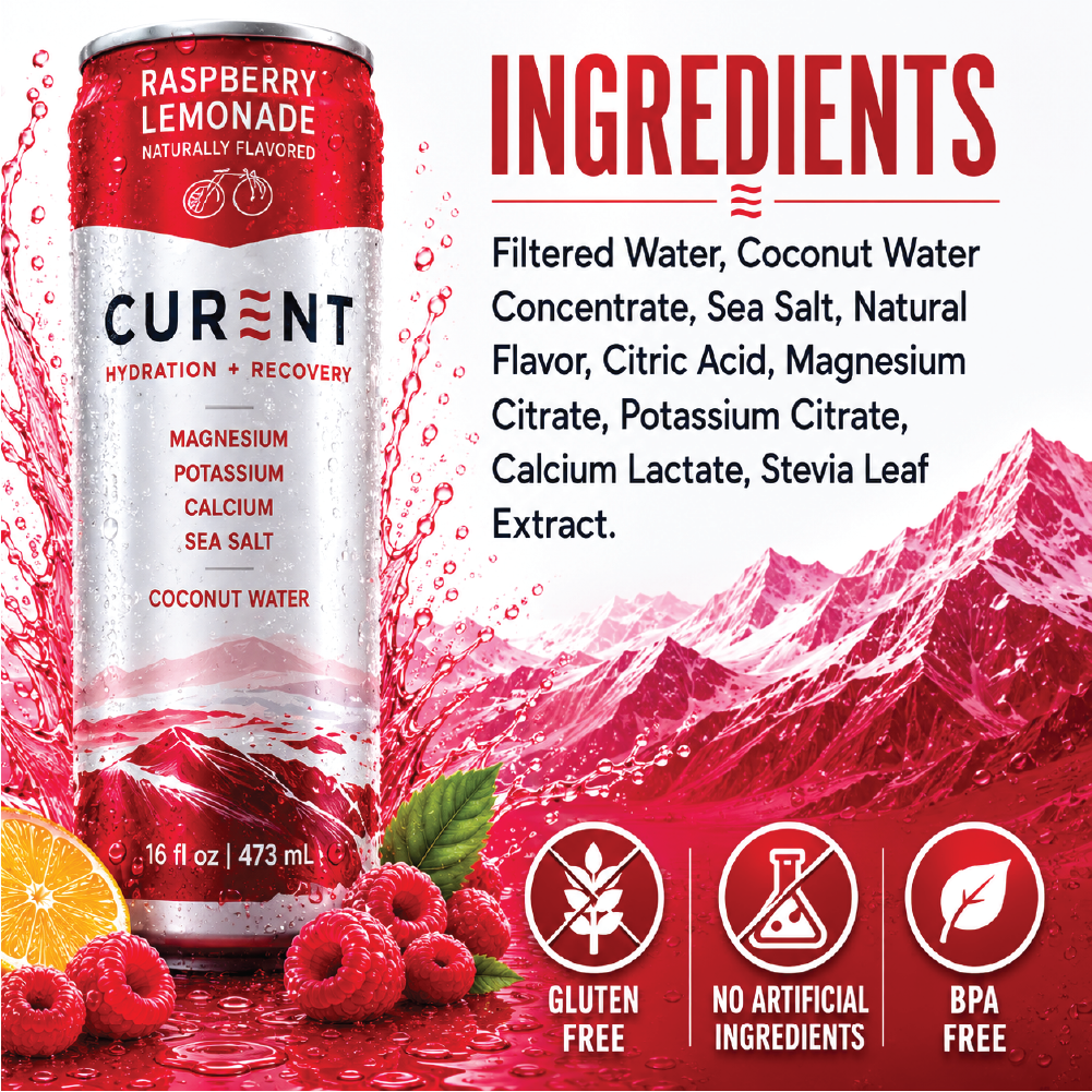 CURENT Raspberry Lemonade Electrolyte Drink – Hydration + Recovery Sports Drink with Magnesium, Potassium, Calcium, Sea Salt & Coconut Water – Naturally Flavored – 16 oz